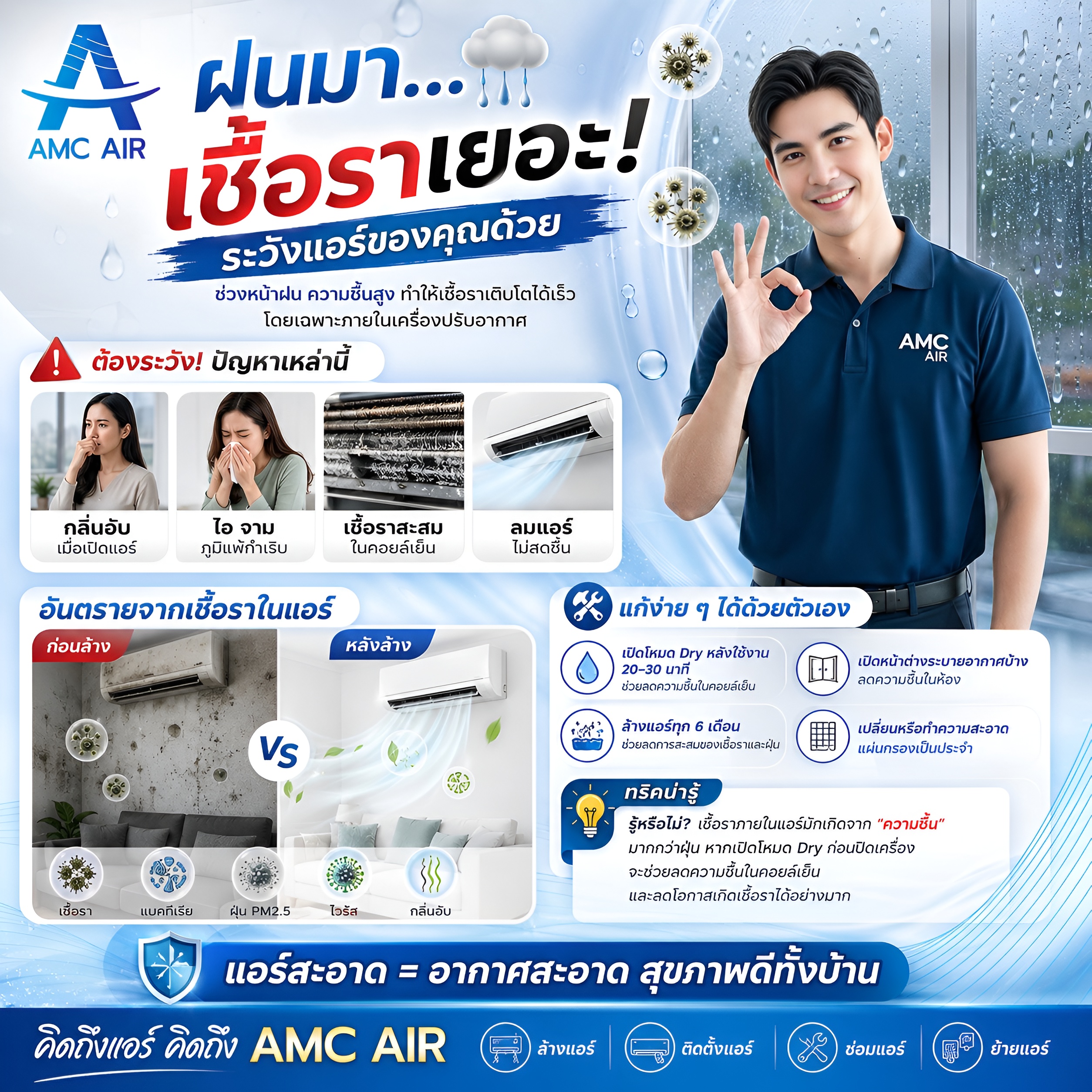 🌧️ ฝนตกบ่อยแบบนี้... ระวัง "เชื้อรา" บุกแอร์บ้านคุณโดยไม่รู้ตัว! 🦠